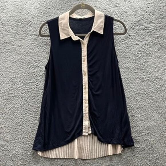 Pinque Women's Medium Tank‎ Blue Cream Collar Button Up Pleats In Back Romantic - Picture 1 of 10